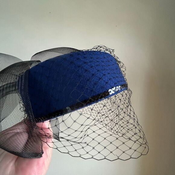 Royal Blue WPL Wool and Black Mesh Fascinator Pillbox Hat Black Sequins main image 11